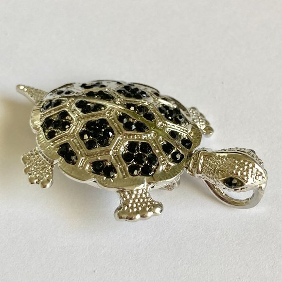 Crystal Sea Turtle Pendant Brooch Pin Necklace Silver Plated Black Cord 18" - Picture 8 of 12